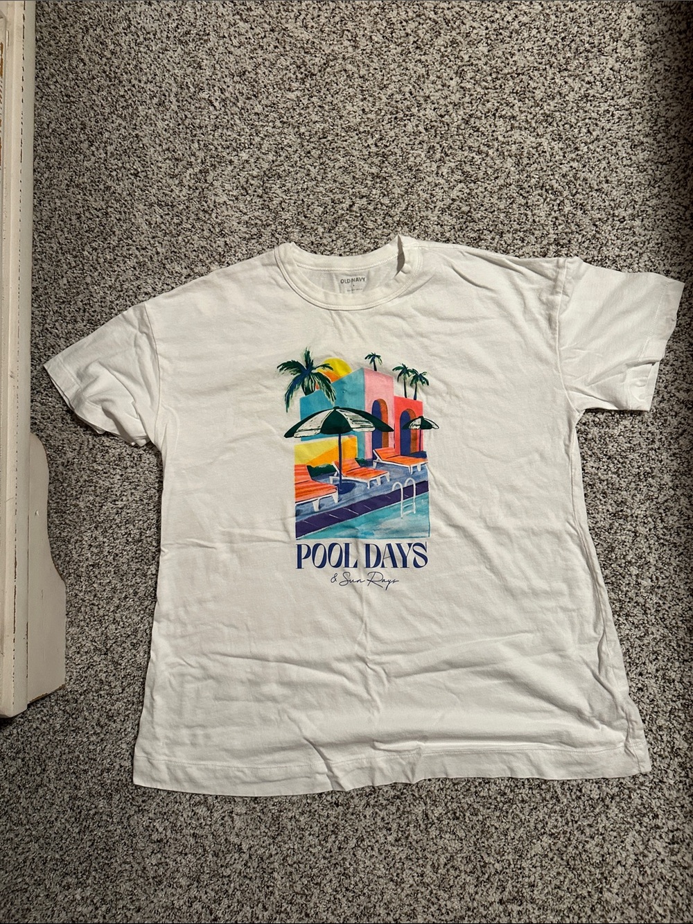 Old Navy White 'Pool Days' Graphic Tee with Multicolor Beach Print